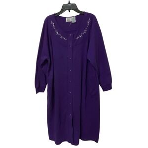 Vintage 80s Pearl Snap Granny Robe Housecoat 1X Purple Bold Color Flowers Modest